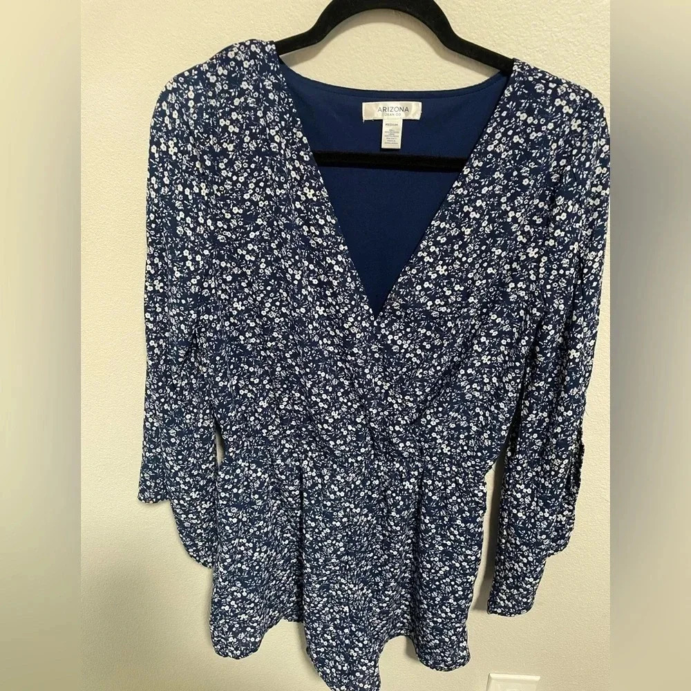 Arizona Jean Co. blue/white floral long sleeve romper peasant sleeve size Medium - Picture 2 of 5